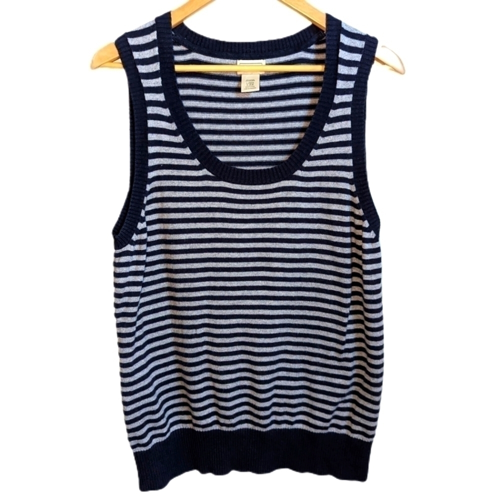 LL BEAN Navy & Grey Stripes Cashmere Sleeveless Knit Vest Size Large